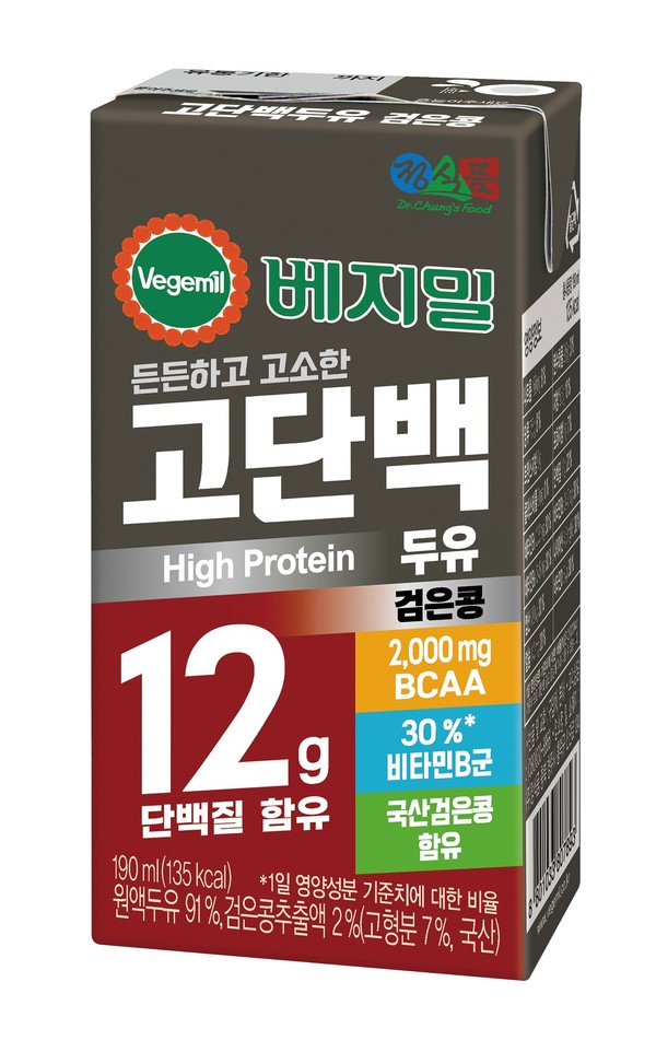 ‘베지밀 고단백 두유 검은콩’은 단백질 12g을 함유해 한 팩 섭취만으로 고단백 섭취가 가능하다. 사진=정식품 제공