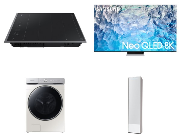 '제25회 올해의 에너지위너상'에서 수상한 삼성전자 주요 제품들. (윗줄 왼쪽 시계 방향으로) 비스포크 인덕션 인피니트 라인, Neo QLED 8K TV, 비스포크 무풍에어컨 갤러리, 비스포크 그랑데 AI 세탁기. 사진=삼성전자 제공