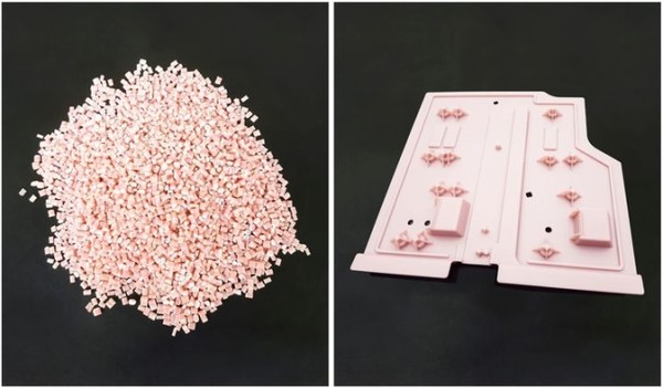 금호석유화학의 PCR PS 소재(왼쪽)와 PCR PS로 제작된 냉장고용 홀더브라켓 부품. 사진=금호석유화학 제공