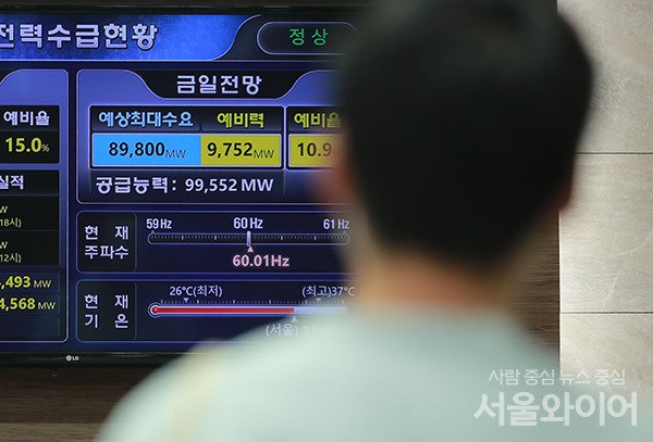 한국전력공사(한전) 서울본부 별관 로비 모니터에 표시된 국내 전력수급 현황. 사진=서울와이어 DB