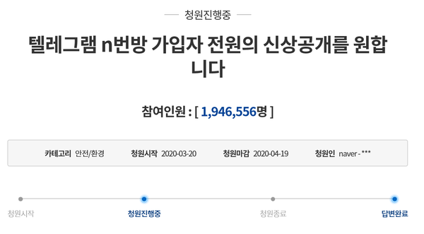 3월 27일 오후 2시 14분 기준 'n번방' 가입자 전원의 신상공개를 요구하는 청원의 동의자 수가 명으로 194만 6000명을 넘어섰다./사진=청와대 국민청원 홈페이지