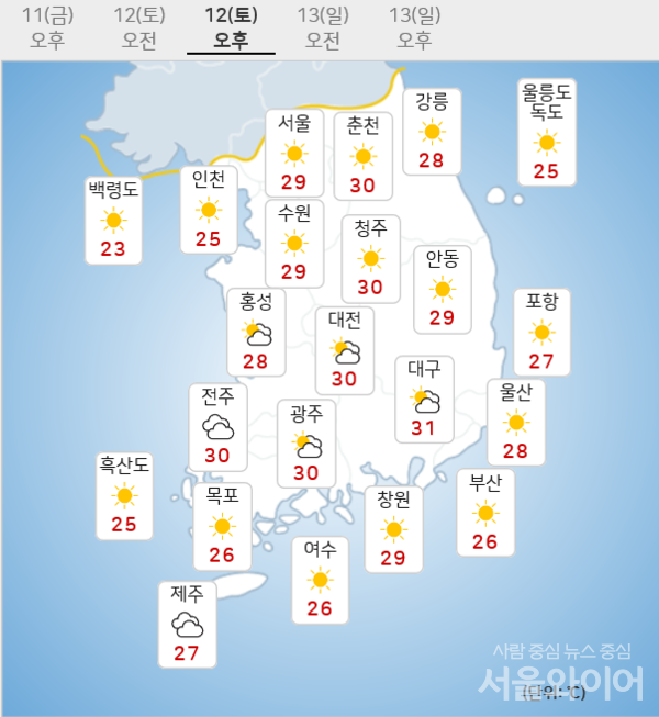 [내일날씨]낮부터 맑아진후 무더위 전북 동부 5㎜ 소나기 미세먼지 '좋음/기상청 12일 오후 기상화면