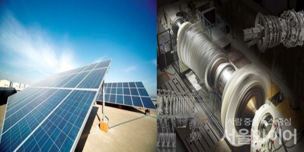 한화솔루션 태양광열판, 두산중공업 자체개발 가스터빈. 사진=각사 제공