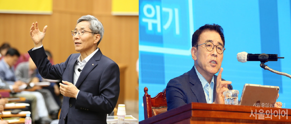 윤종규 KB금융 회장과 조용병 신한금융 회장. 사진=서울와이어 DB