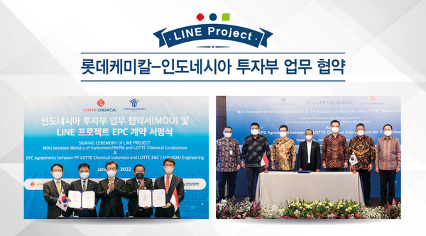 롯데케미칼은 7일 인도네시아 투자부와 업무협약 서명식을 비롯한 롯데건설, 현대엔지니어링과 설계∙조달∙시공(EPC) 계약 체결식을 진행했다. 사진=롯데케미칼 제공