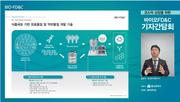 바이오에프디앤씨가 25일 코스닥 상장을 위한 온라인 기자간담회를 개최했다. 모상현 공동대표이사가 회사를 소개하고 있다. 사진=온라인 기자간담회 캡쳐