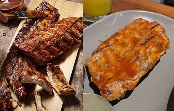 아웃백스테이크하우스 메뉴인 '베이비 백 립' 홈페이지 사진(왼쪽)과 온라인 커뮤니티에 올라온 음식 사진 사진=아웃백 홈페이지·온라인 커뮤니티