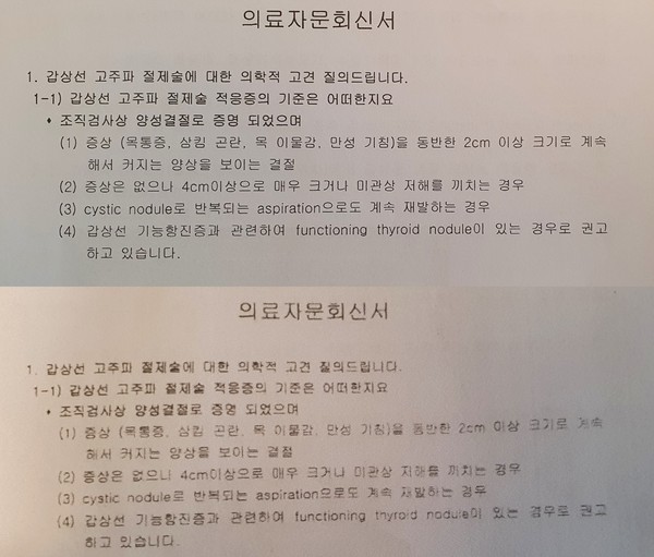 A씨가 받은 현대해상(위), DB손해보험(아래)의 의료자문 회신서. 