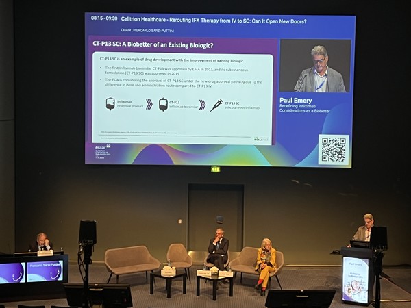 지난 2일(현지시간) 덴마크 코펜하겐에서 열린 유럽류머티즘학회의 '인플릭시맙, IV(정맥주사)에서 SC로 새로운 기회될 것인가’ 주제 학술심포지엄에서 램시마SC 치료 유효성을 재확인할 수 있는 임상 3상 결과가 발표됐다. 사진=셀트리온그룹 제공