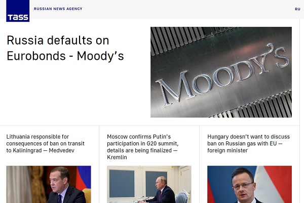 러시아 관영언론 타스가 지난 27일자 러시아의 채무불이행에 대해 무디스의 발표라는 형식으로 보도하고 있다. 사진=타스 홈페이지 화면캡쳐.