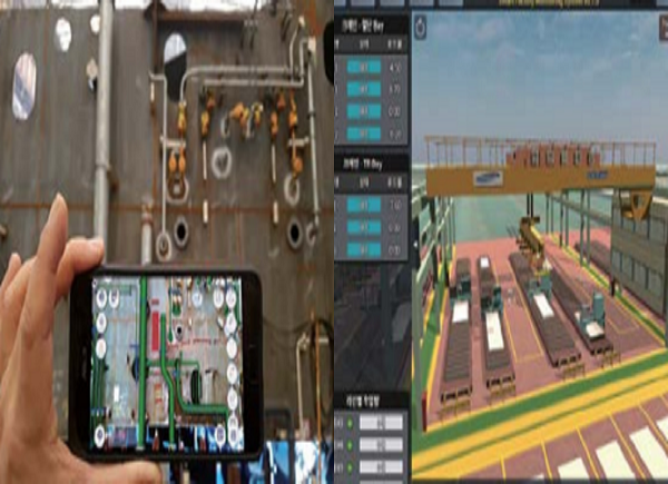 삼성중공업은 스마트 야드용 정보통신기술(ICT) 솔루션(왼쪽)과 사물인터넷(IoT)기반 가공공장 통합관제시스템을 활용해 선박 건조 효율성 향상에 노력을 기울이고 있다. 사진=삼성중공업 제공