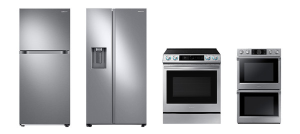 미국 시장조사기관 JD파워 소비자 만족도 평가에서 각 부문 1위를 차지한 제품 모습. (왼쪽부터) 상냉동·하냉장 냉장고, 양문형 냉장고, 레인지, 빌트인 오븐 제품 이미지. 사진=삼성전자 제공 
