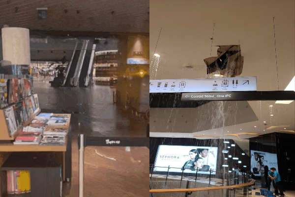 물에 잠긴 삼성동 코엑스 내 별마당도서관(왼쪽)과 천장이 뚫린 여의도 IFC몰의 모습. 사진=온라인커뮤니티
