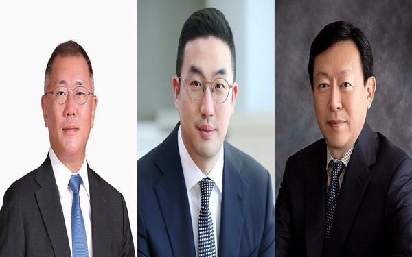 (왼쪽부터) 정의선 현대자동차그룹 회장과 구광모 LG그룹 회장, 신동빈 롯데그룹 회장도 세계엑스포 투표권을 가진 해외 주요국을 돌며 유치 지원에 힘을 보탠다. 사진=각 사 제공  