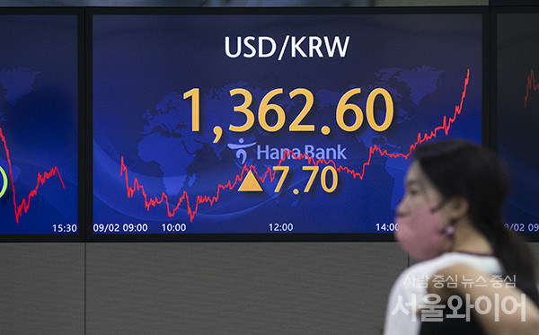 서울 하나은행 본점 딜링룸 전광판에 환율이 표시돼 있다. 사진=서울와이어DB