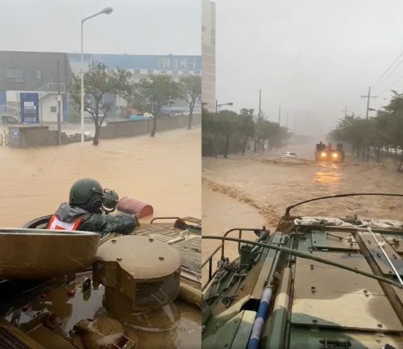 해병대 1사단은 지난 6일 오전 6시쯤부터 상륙돌격장갑차(KAAV) 2대와 고무보트(IBS) 17대를 투입해 침수 피해가 발생한 포항시 청림동 일대에서 인명구조 작전을 실시했다. 사진=해병대 페이스북