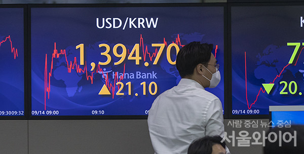 14일 오전 서울 중구 하나은행 딜링룸에 원달러 환율이 표시돼 있다.