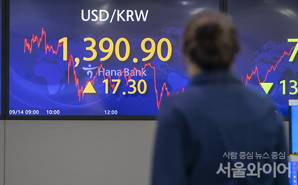 14일 오후 서울 중구 하나은행 딜링룸 전광판에 환율이 표시돼있다.