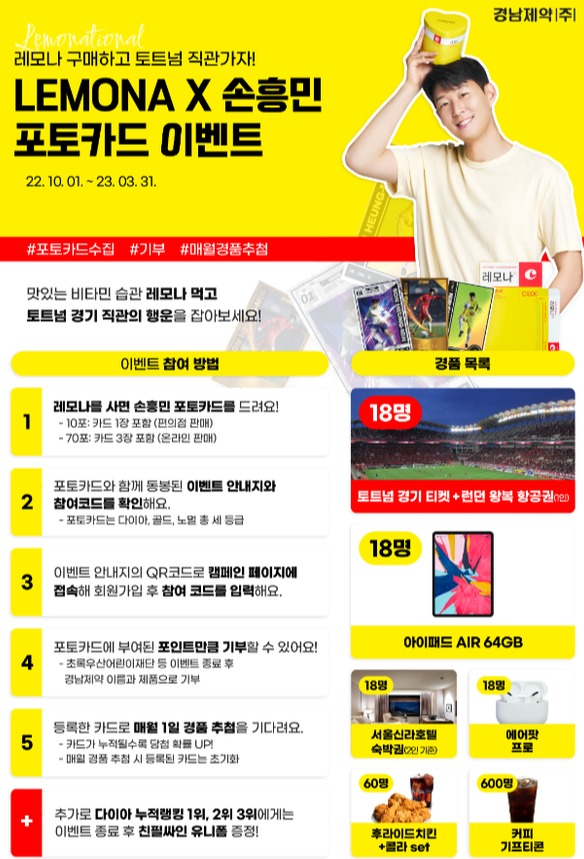 경남제약이 레모나 전속모델 손흥민의 한정판 포토카드를 담은 제품 출시와 함께 풍성한 경품을 증정하는 ‘레모내셔널’ 이벤트를 내년 3월31일까지 진행한다. 사진=경남제약