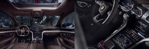 우루스 S 내부는 두 색상 트림 모두 어두운 가죽 색과 대비되는 파란색 블루 레안드로와 초록색베르데 아우라를 스타일리시하게 사용했다. 사진=람보르기니 제공