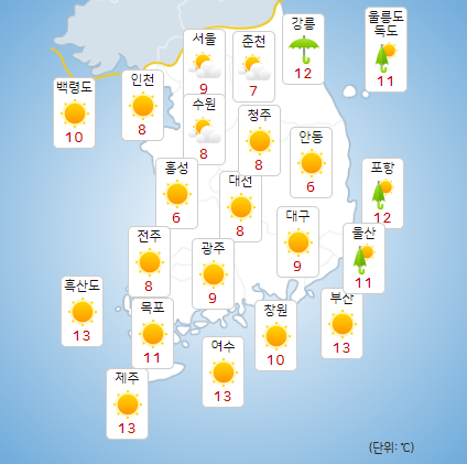 금요일인 28일 아침 최저기온은 4~13도, 낮 최고기온은 15~22도가 되겠다. 사진=기상청 홈페이지