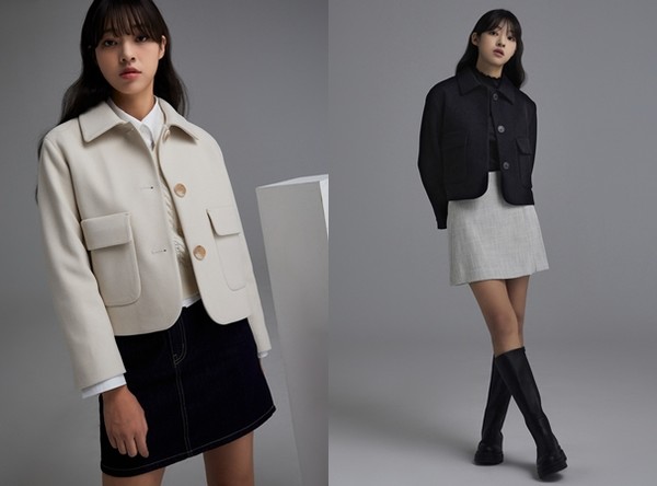 모델이 이랜드 미쏘의 대표 겨울 상품 ‘맥카라 숏자켓‘을 입고 포즈를 취하고 있다. 사진=이랜드 제공