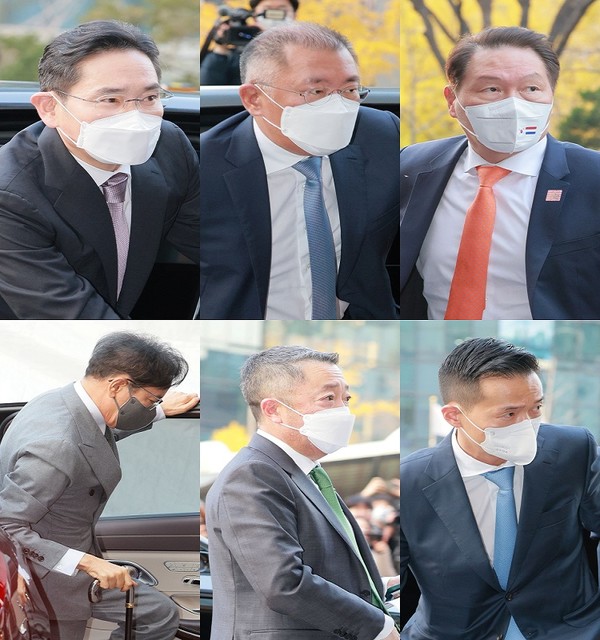 (왼쪽 위 시계방향으로) 이재용 삼성전자 회장, 정의선 현대자동차그룹 회장, 최태원 SK그룹 회장, 김동관 한화솔루션 부회장, 박정원 두산그룹 회장, 이재현 CJ그룹 회장이 전날 빈 살만 왕세자와 차담회를 위해 롯데호텔에 모였다. 사진=서울와이어 DB