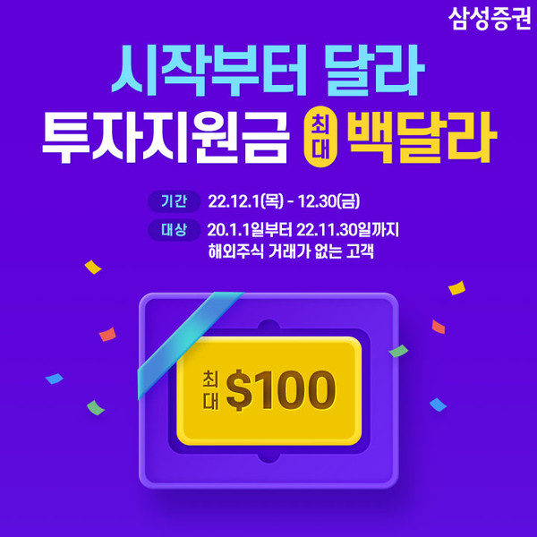 삼성증권은 신규 고객 또는 2020년부터 삼성증권에서 해외주식 거래 경험이 없었던 고객을 대상으로 최대 100달러를 지원하는 ‘시작부터 달라’ 이벤트를 오는 30일까지 진행한다고 밝혔다. 사진=삼성증권 제공