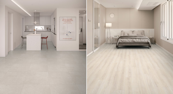 LX Z:IN 바닥재 지아사랑애 내추럴 테라조 패턴이 시공된 공간 이미지(왼쪽)와 에버닌 오크 패턴이 시공된 공간 이미지. / 사진=LX하우시스