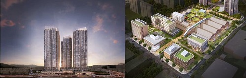 복대자이 더 스카이 투시도(오른쪽)와 옛 서한모방 부지에 조성될 복합시설 조감도.