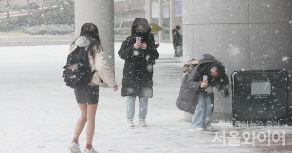 서울 용산 일대에 많은 눈이 내리고 있는 가운데 시민이 기념사진을 찍고 있다. / 사진=서울와이어DB