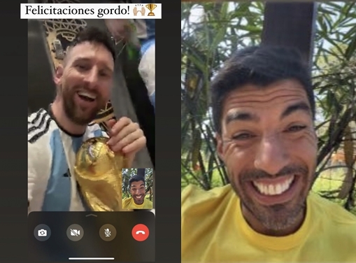 리오넬 메시(왼쪽)가 우승을 거머쥐자 루이스 수아레스가 영상통화를 통해 축하하고 있다. 사진=루이스 수아레스 인스타그램