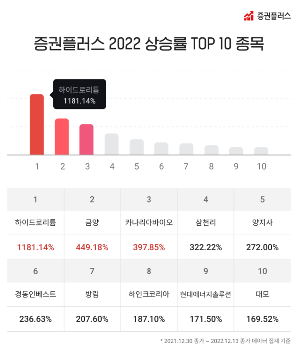 두나무에 따르면 올해 가장 높은 상승률을 보인 종목은 1181.14% 급등한 ‘하이드로리튬’이다. 이 회사는 지난 10월 사업다각화를 위해 ‘코리아에스이’에서 하이드로리튬으로 상호를 변경하고, ‘2차전지 소재 제조 및 판매업’ 등의 신규 사업을 추가했다. 사진=두나무 제공