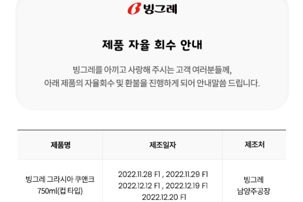 빙그레가 자사 아이스크림 그라시아 쿠앤크 750㎖ 제품을 자율 회수 조치한다고 공지했다. 사진=빙그레 홈페이지