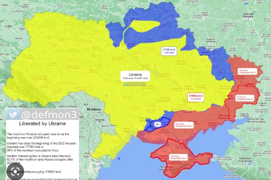 우크라이나가 작년에 되찾은 러시아군 점령지...파란색 부분