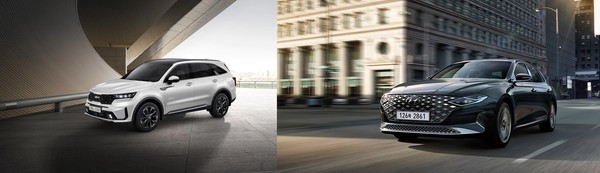 지난해 쏘렌토와 그랜저 국내 판매량은 각각 6만8902대, 6만7030대를 각각 기록했다. 기아 쏘렌토(왼쪽)와 현대차 그랜저. 사진=각사 제공