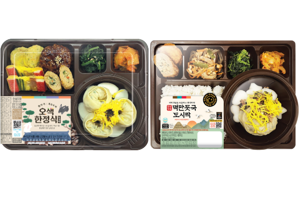 GS25의 ‘오색한정식도시락(왼쪽)‘과 이마트24가 선보인 ‘떡만둣국 도시락‘. 사진=각사 제공