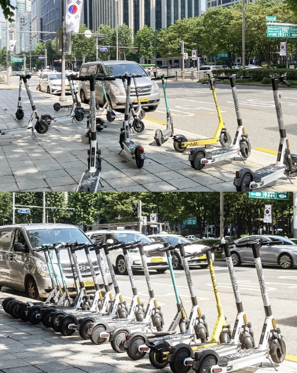 스윙은 지난해 8~9월 두 달간 PM 기기 이용이 많은 강남·서초구를 돌며 모든 킥보드를 지정된 주차구역에 재배치해 도시 외관을 상승시켰다. 사진=스윙 제공