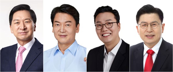 국민의힘이 3월8일 열리는 전당대회 본경선 진출자를 발표했다. 컷오프를 넘긴 후보는 왼쪽부터 김기현, 안철수, 천하람, 황교안 후보 등이다. 사진=국민의힘 제공
