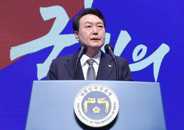 윤석열 대통령이 1일 서울 중구 유관순 기념관에서 열린 제104주년 3·1절 기념식에서 기념사를 하고 있다. 사진=연합뉴스 제공