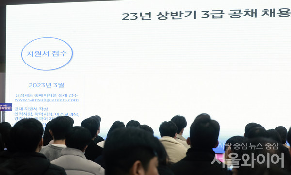 채용박람회를 찾은 취준생들이 삼성전자 채용설명회 브리핑을 듣고 있다.