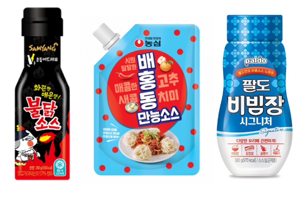 (왼쪽부터) 삼양식품 ‘불닭소스‘, 농심 ‘배홍동 만능소스‘, 팔도 ‘팔도비빔장‘. 사진=각사 제공