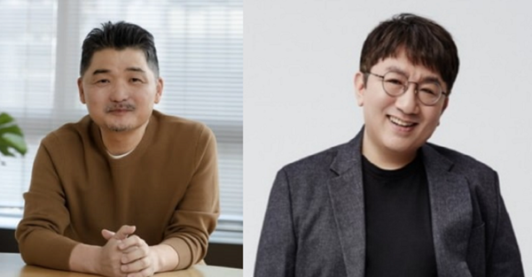 김범수 카카오 창업주 겸 미래이니셔티브 센터장(왼쪽)과 방시혁 하이브 창업자 겸 의장이 SM엔터테인먼트 경영권 확보를 둔 쩐의 전쟁에 돌입했다. SM 주가는 그 사이 15만원을 돌파했고 투자자들은 이들에 공개매수 경쟁에 주목하고 있다. 사진=각 사 제공  