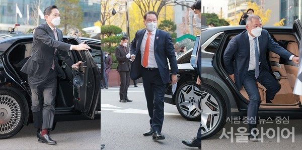 (왼쪽부터) 이재용 삼성전자 회장, 최태원 SK그룹 회장, 정의선 현대자동차그룹 회장 등 국내 주요그룹의 총수들이 윤석열 대통령 방일 일정에 동행한다. 사진=서울와이어 DB