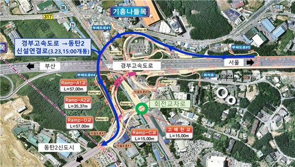 경부고속도로 기흥나들목 신설 진출연결로가 23일부터 개통된다. 사진=한국도로공사 제공
