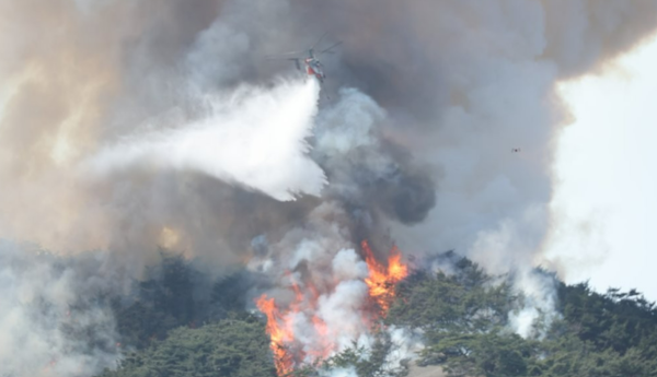 2일 오후 산불이 발생한 서울 종로구 인왕산에서 소방헬기가 진화 작업을 하고 있다. 사진=연합뉴스