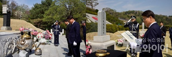 최정우 포스코그룹 회장이 3일 국립서울현충원을 찾아 故 박정희(왼쪽) 대통령과 박태준(오른쪽) 초대회장 묘소를 참배하고 있다(사진=포스코)