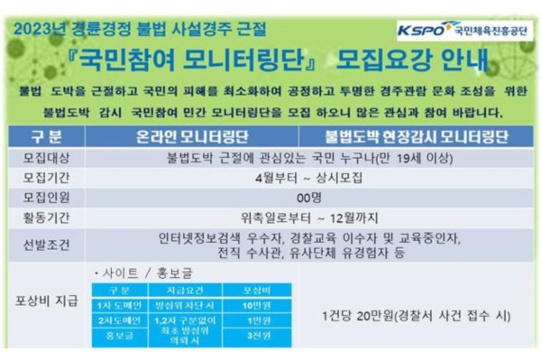 국민체육진흥공단 경륜경정총괄본부가 불법 사설경주 근절을 위한 모니터링단을 모집한다. 사진=국민체육진흥공단 제공