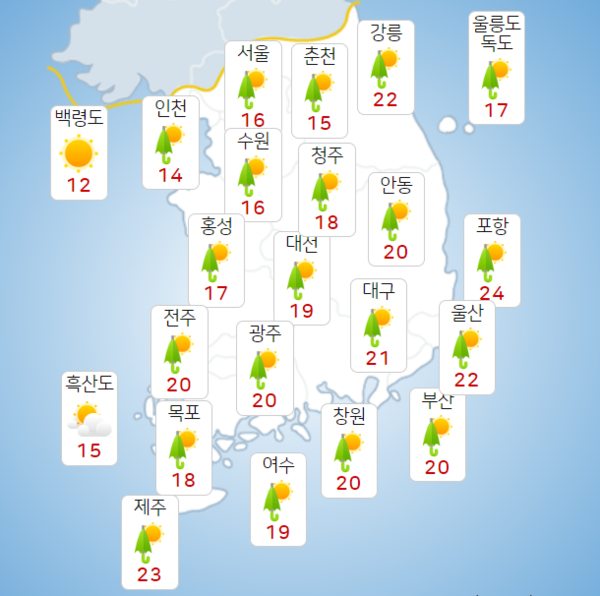 기상청에 따르면 오늘 아침 최저기온은 4∼16도, 낮 최고기온은 12∼24도로 예보됐다. 사진=기상청 홈페이지