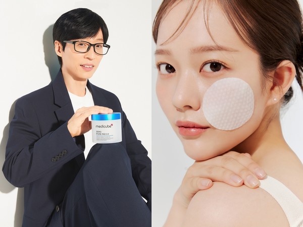 에이피알 뷰티 브랜드 ‘메디큐브’의 브랜드 대표 광고 모델 유재석(왼쪽)과 새롭게 발탁된 배우 정지소. 사진=에이피알 제공